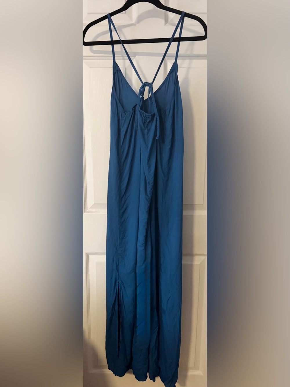 Old Navy Blue Tie Back Slip Dress Medium Tall Slit Maxi Midi Summer Coastal - Picture 3 of 4